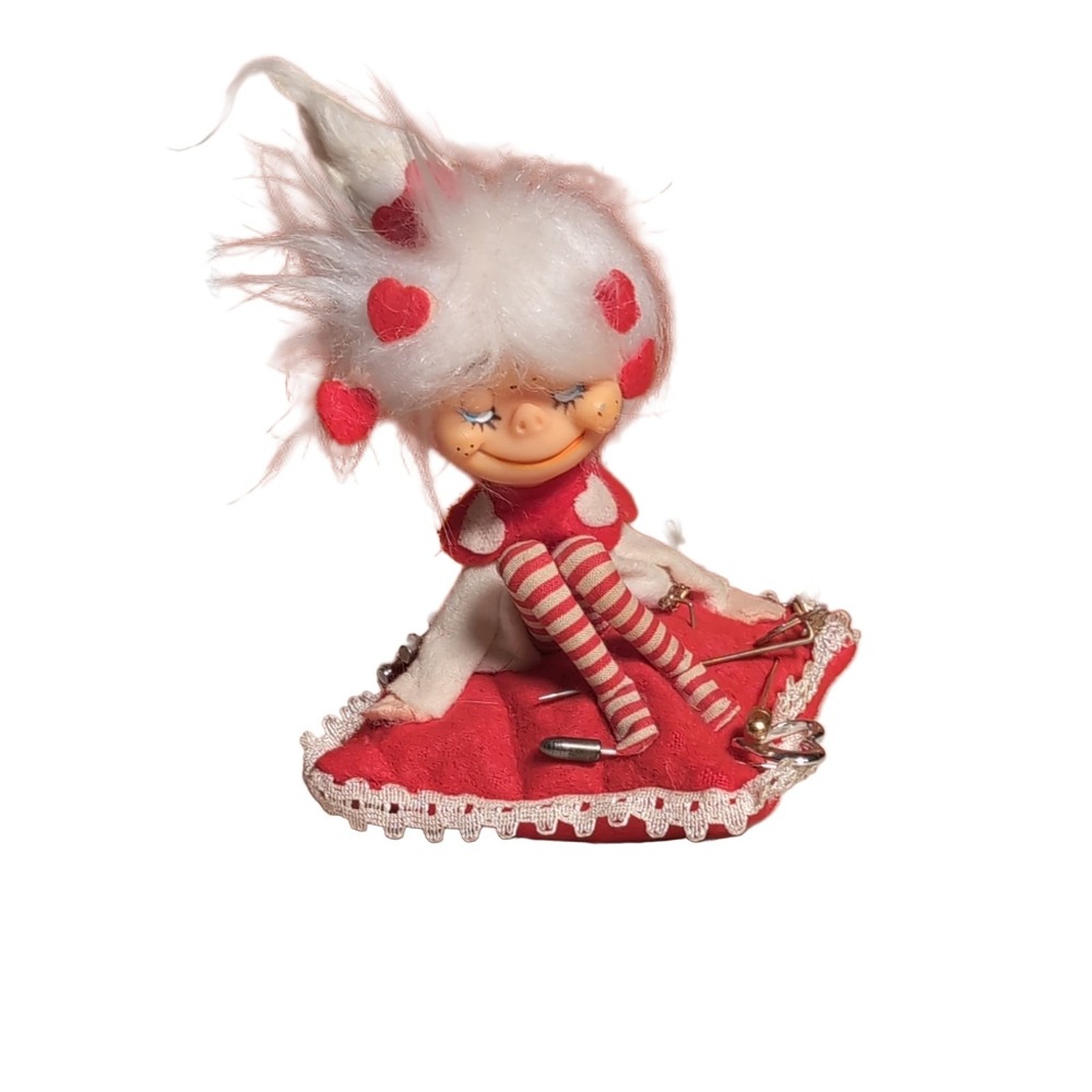 Vintage Pixie Elf Gnome Pincushion Red White Felt Lace Japan Heart Pins Earrings